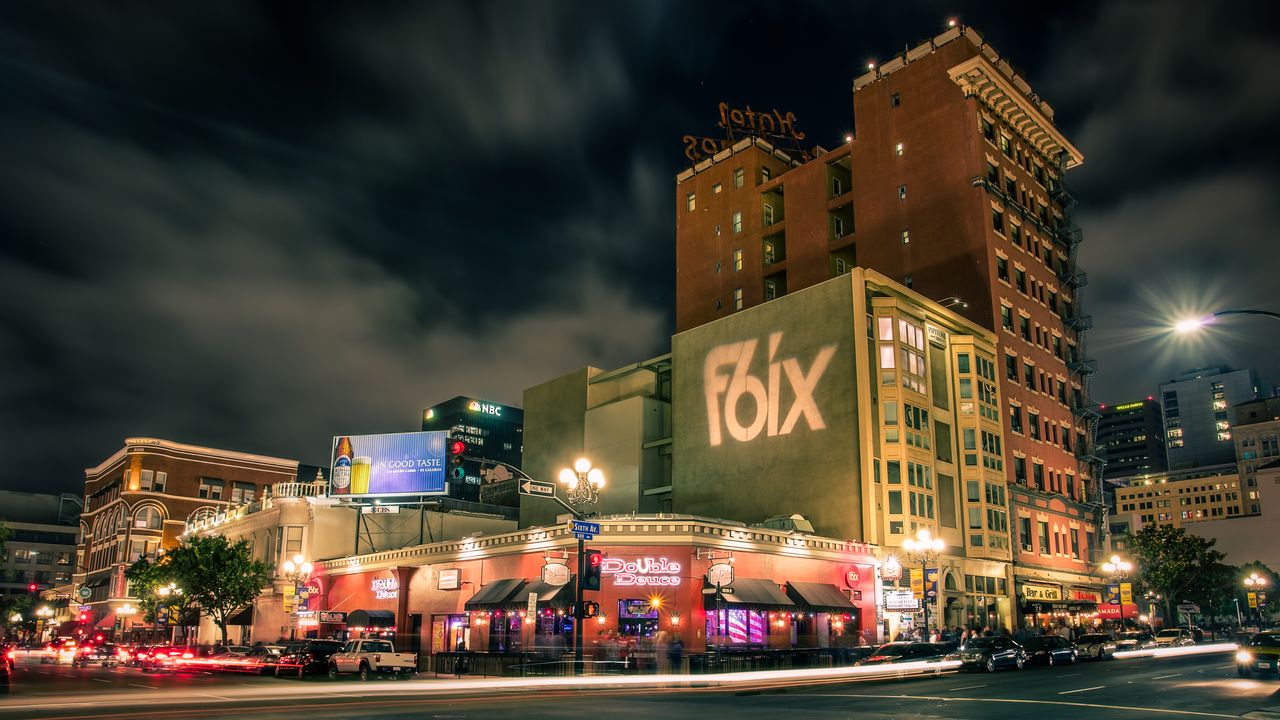 The Gaslamp Quarter illuminated at night
